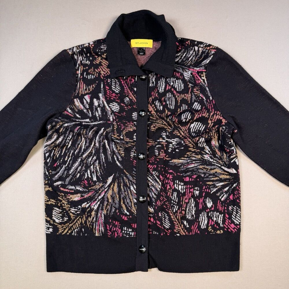 St. John Black Pink Gold Metallic Floral Print Wool Blend Cardigan Sweater Large - Picture 5 of 13